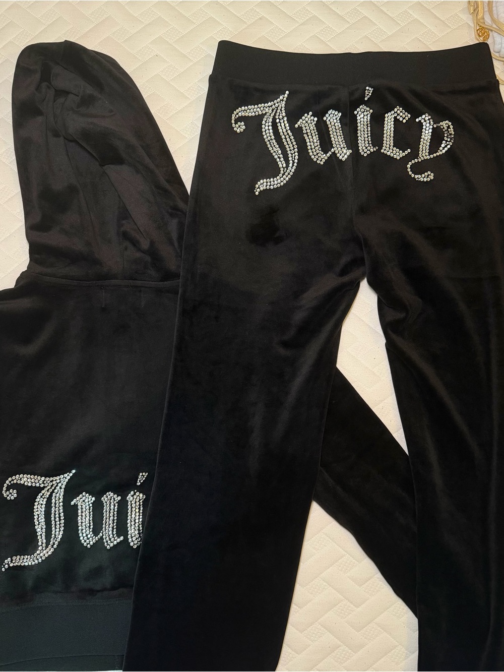 Juicy Couture Black Velour Track Pants with Rhinestone Juicy Logo